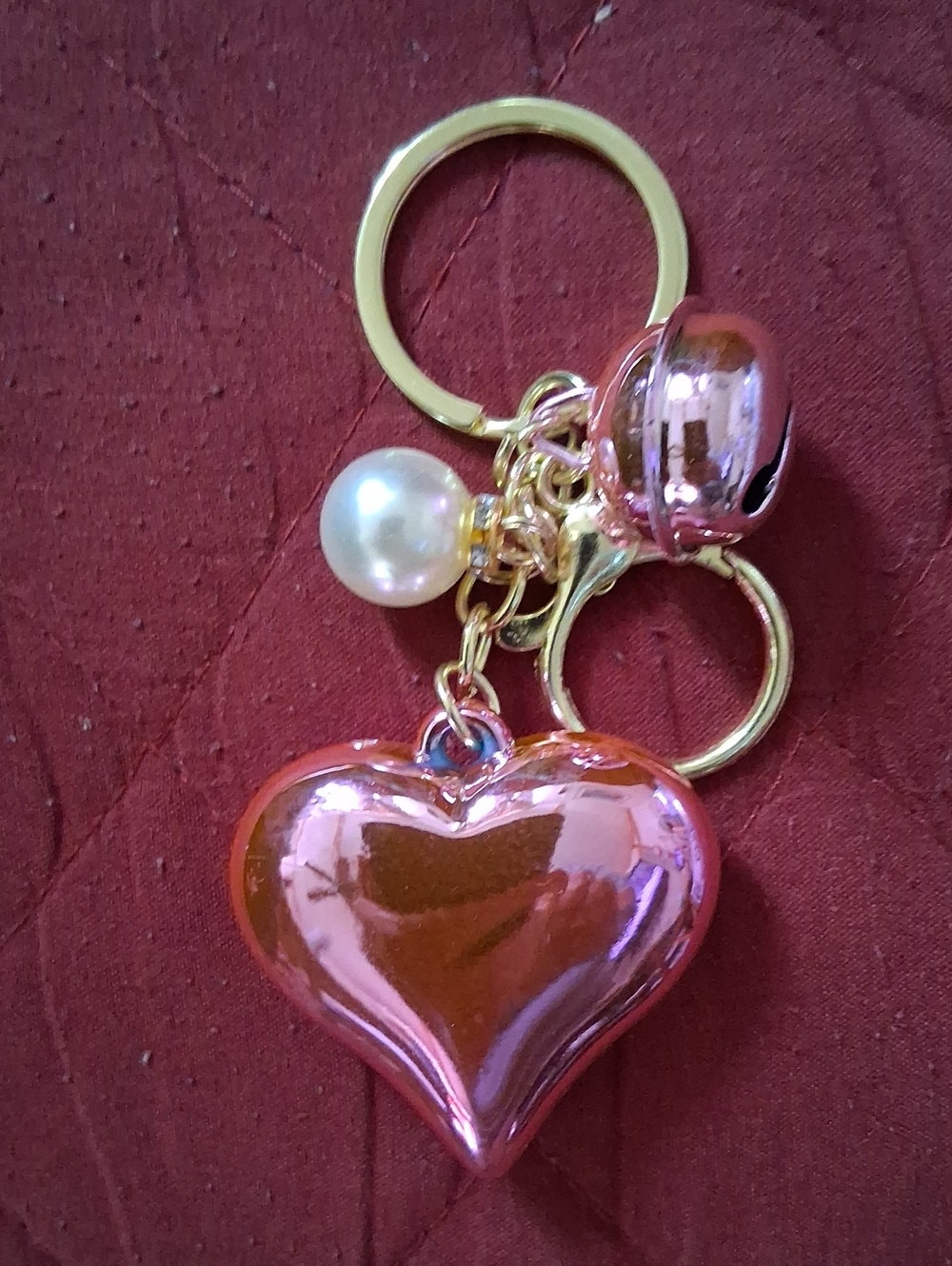Heart Charm Keychain with Pearl Accent - Pink